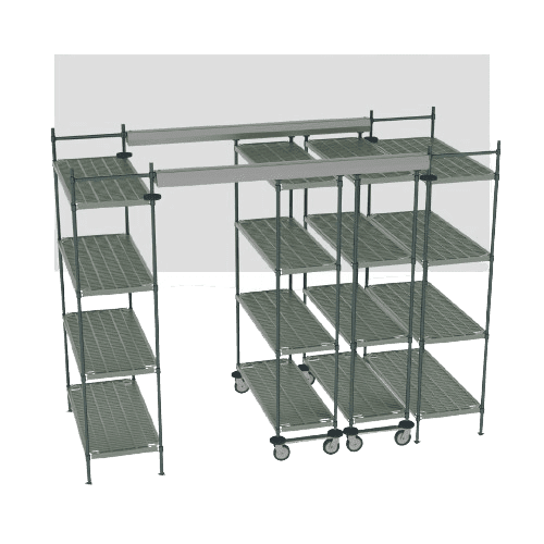 A set of metal utility shelves with wheels. The shelves are adjustable and interlocking, forming a U-shape. The frame is made of thin metal rods, and each shelf has a grid pattern. The setup is designed for flexibility and mobility.