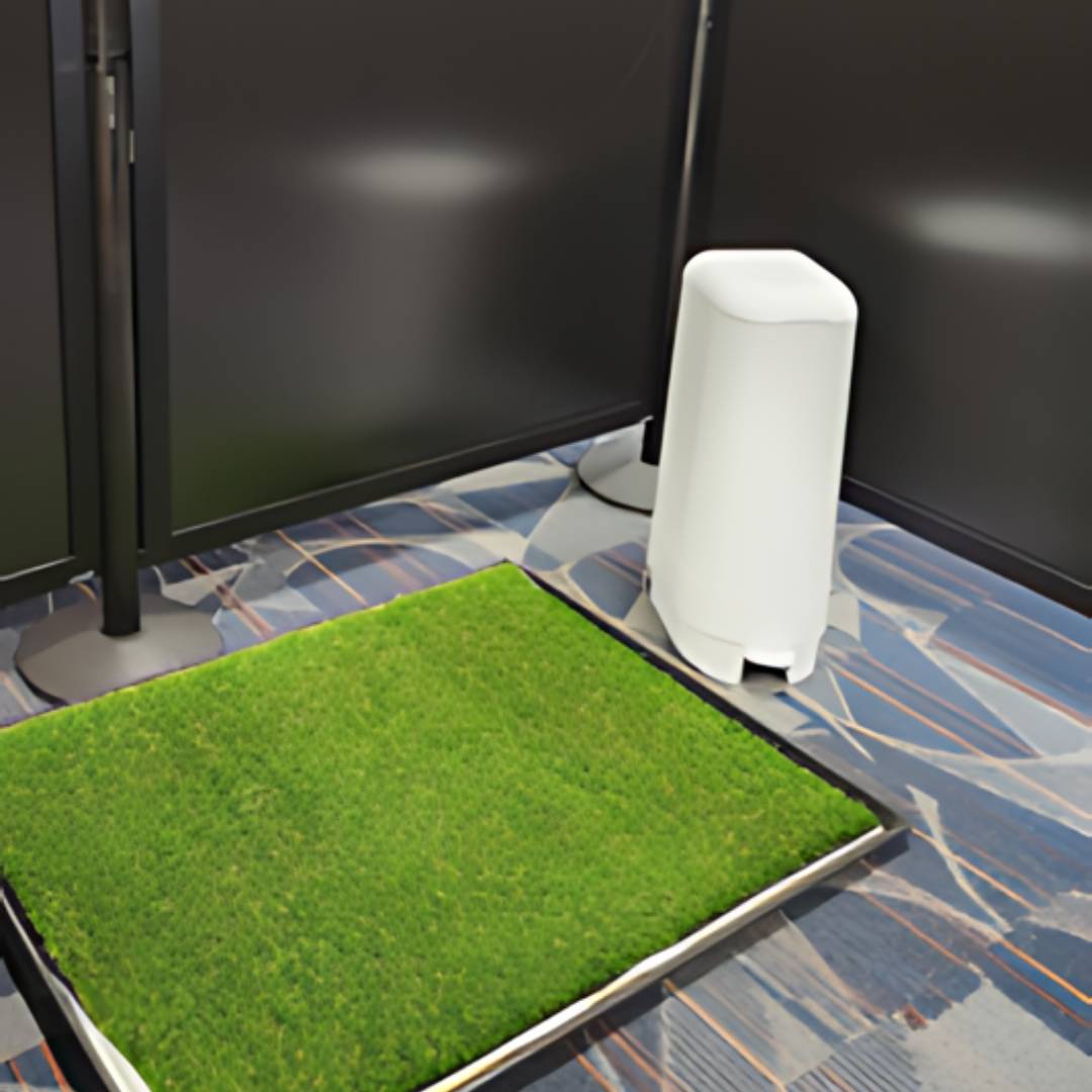 A cozy indoor setup features a patch of artificial grass on a tray over a patterned carpet, perfect for practicing while traveling with our pets. A tall, white air purifier proudly stands beside it, framed by dark, paneled walls that complete this serene corner.