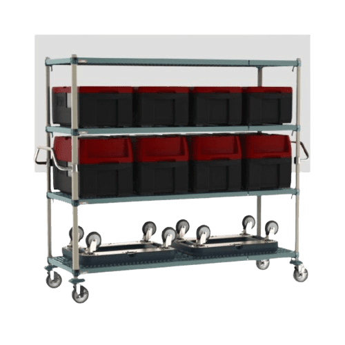 A metal utility cart with four wheels, featuring two rows of black bins with red accents on the upper shelves and several stacked wheels on the bottom shelf. The cart has handles on both sides and a simple, sturdy design.