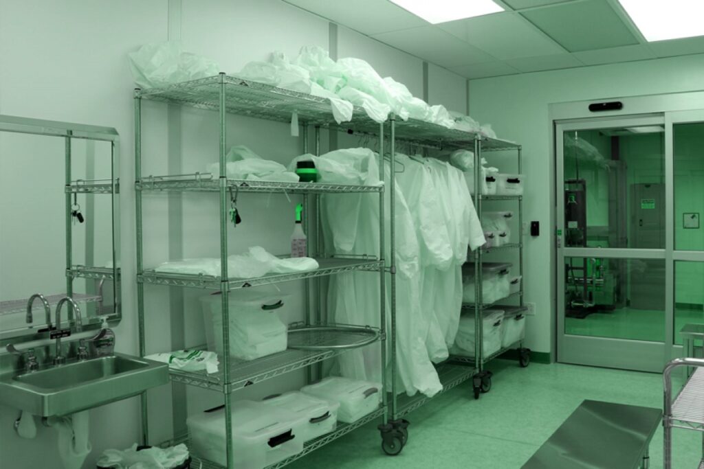 A cleanroom with green-tinted lighting hosts all your gowning room essentials. Metal shelves hold white protective suits and various equipment. A stainless steel sink sits on the left, while a closed door on the right leads to another room in this sterile and organized environment.