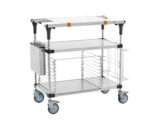 The Metro MS1836-FSFS-PK2 PrepMate MultiStation, with its 36 stainless steel top and bottom shelves supported by steel posts, sturdy handles, swiveling wheels, and side compartments, is ideal for efficient hospital or clinic operations.