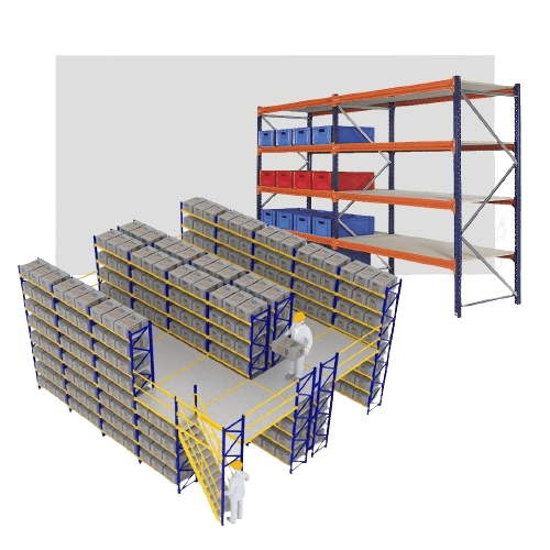 Illustration of two types of warehouse shelving systems. The first showcases a large, multi-tier rack with numerous boxes and two workers, designed to maximize storage space in the warehouse. The second features a tall, narrow rack with mixed plastic bins and boxes for efficient organization.