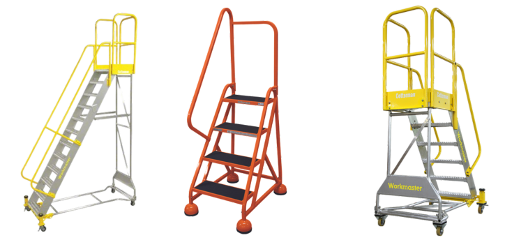 Discover the vibrant range of three-wheeled rolling ladders by Cotterman Ladders Company. Choose from silver with yellow safety rails, bold orange with matching steps and rails, or the distinctive Workmaster in silver with yellow accents. Each ladder is crafted with three sturdy steps for reliability.