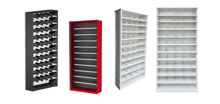 Four vertically standing Flexi Bin shelves in different colors—black, red, gray, and white. Each multi-tiered unit offers ample levels for organized storage.
