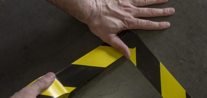 A persons hands are placing black and yellow caution tape on a dark surface, possibly the floor. This vital tool for warehouse organization and safety unrolls diagonally from the lower left towards the upper right.