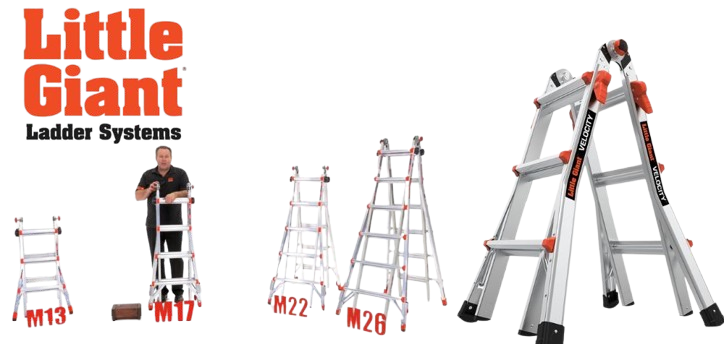 A promotional image for Little Giant Ladder Systems showcases four sturdy ladders: the M13, M17, M22, and M26. Standing confidently beside the versatile M17 ladder, a man highlights their reliability. Each ladder features sleek white designs accented with vibrant orange, embodying Little Giants innovation.