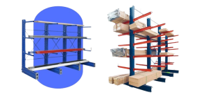 Two metal cantilever racks are shown. The left rack is empty, with a blue structural frame. The right rack holds long wooden planks and wrapped materials on its red supports, with a blue frame, set against a white background.