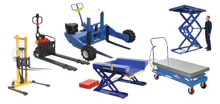 A collection of blue and yellow industrial lifting equipment, including pallet jacks, scissor lifts, and a hydraulic lift cart from Vestil Ergonomic Solutions. A person stands near a piece, showcasing its height=