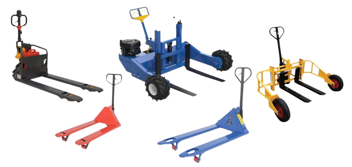 A collection of four pallet jacks in various colors and designs showcases ergonomic design. They include a red manual pallet jack, a yellow manual one with larger wheels, a blue motorized jack, and a sleek black and red powered model from Vestil Pallet Jacks.