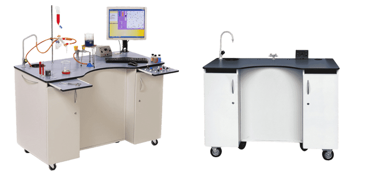 Two lab carts with wheels, each boasting fresh black countertops. The left cart features lab equipment, a computer monitor displaying data, and a retractable tray with lab materials. The right cart has a newly replaced sink countertop, complete with faucet and storage compartments below.