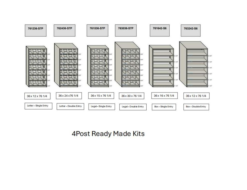 Optimize your space with Datum storage solutions in this image of six labeled shelving units on a white background. Each unit, identified by model number, varies in dimensions and entry options like letter or box sizes=
