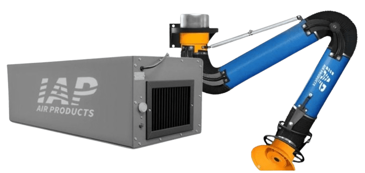 A gray industrial air filtration unit with a flexible blue and black extraction arm featuring fume extraction capabilities. The arm ends in a yellow nozzle for directing airflow. Proudly displaying IAP Industrial Air Products on the side, it ensures efficient industrial air purification.