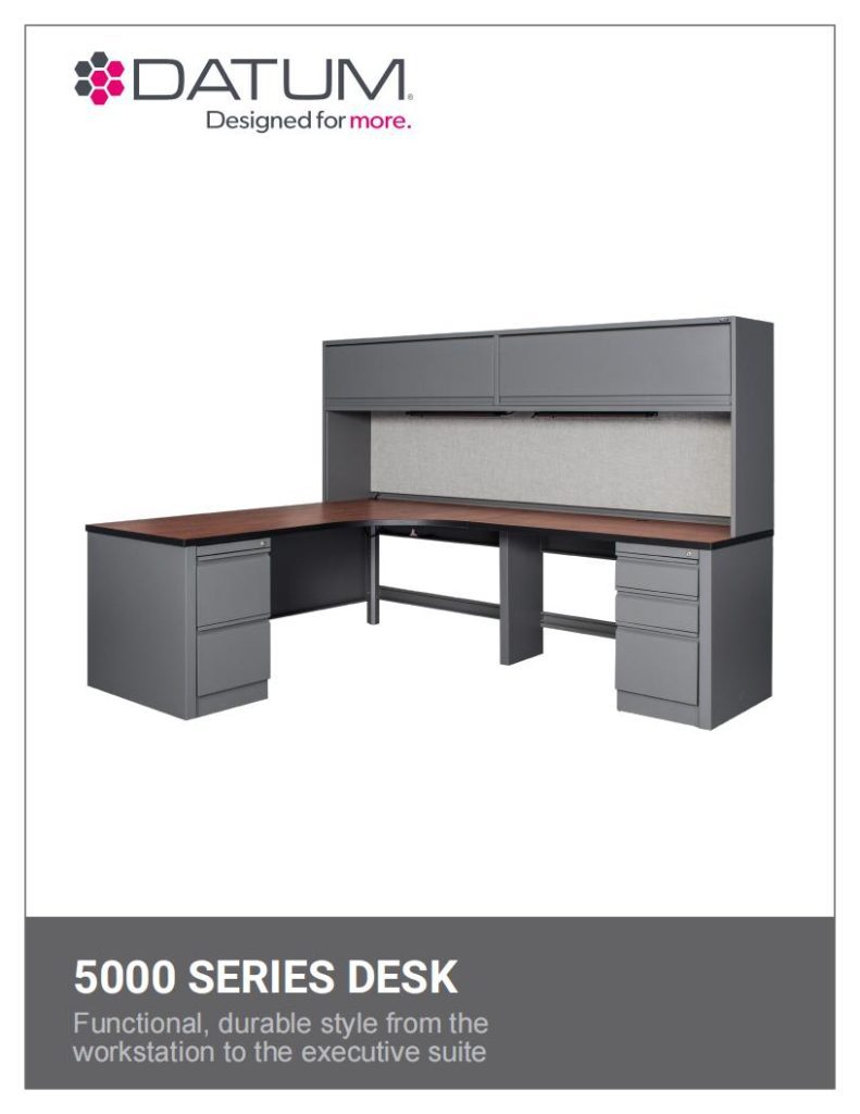 Image of a 5000 Series Desk by Datum showcasing a gray L-shaped design with overhead cabinets and four drawers, perfect for optimizing your space with customizable high-quality storage systems. The text Functional, durable style from the workstation to the executive suite is at the bottom.