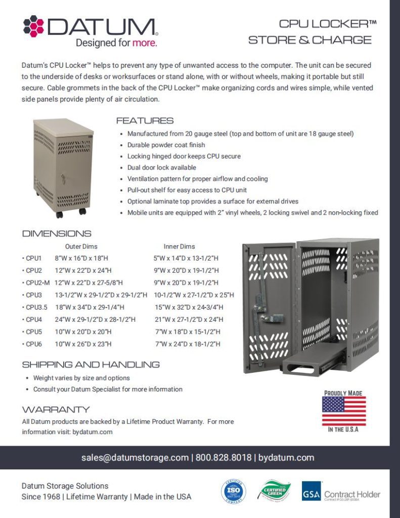 Flyer for Datums CPU Locker, a standout in Datum storage solutions. It features a perforated metal unit with ventilation and locking wheels, dimensions for various models, and shipping details. Includes contact info and proudly displays the Made in the USA icon. Optimize your space with Datum storage!.
