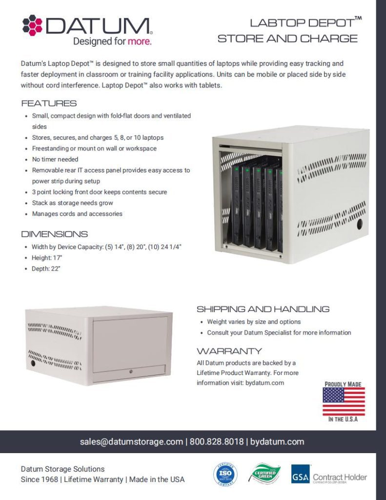 Discover Datum Laptop Depot Store and Charge unit, part of our customizable high-quality storage systems. Securely store up to 10 laptops with ease. Includes shipping, warranty, and contact info sections, all proudly presented with an American flag emblem.
