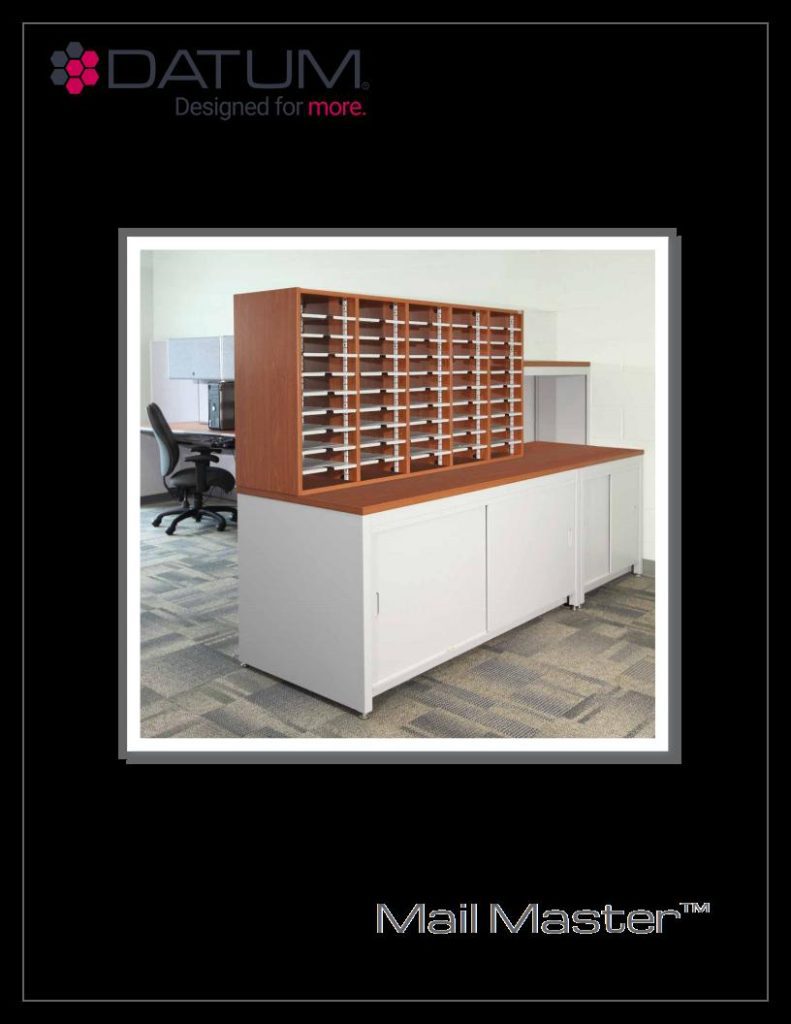 Office mail sorting station with multiple compartments and a wooden top, set against a white backdrop. The unit boasts closed storage cabinets at the bottom. Text on top reads “DATUM Designed for more” and “Mail Master™, epitomizing Datums customizable high-quality storage systems.