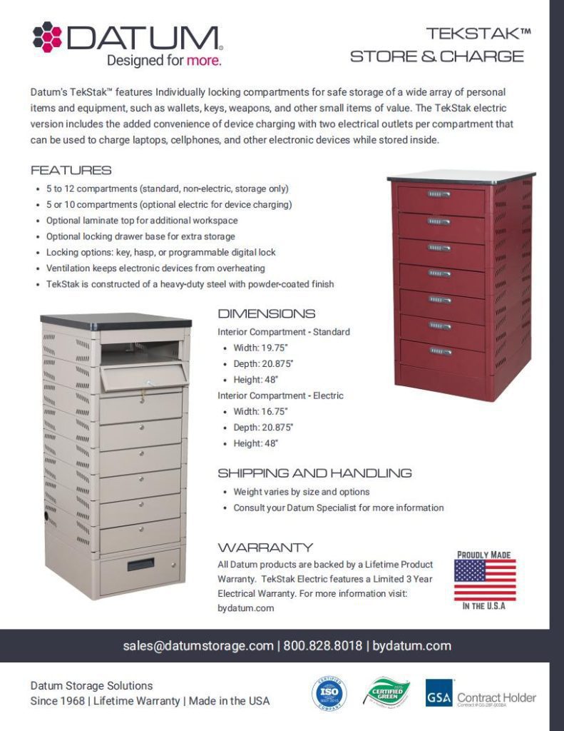 Advertisement for Datum TekStak Store & Charge, featuring a red charging cabinet with customizable high-quality storage systems. Includes up to 15 compartments, charging capabilities, and security details to optimize your space. Contact info and company logos are displayed.