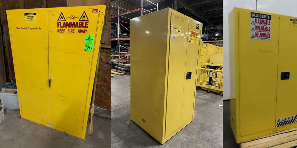 Three industrial yellow flammable storage cabinets, designed for hazardous material containment, are shown in a warehouse setting. Each is labeled with safety warnings like Flammable and Keep Fire Away. The upright cabinets feature visible handles on two of them.
