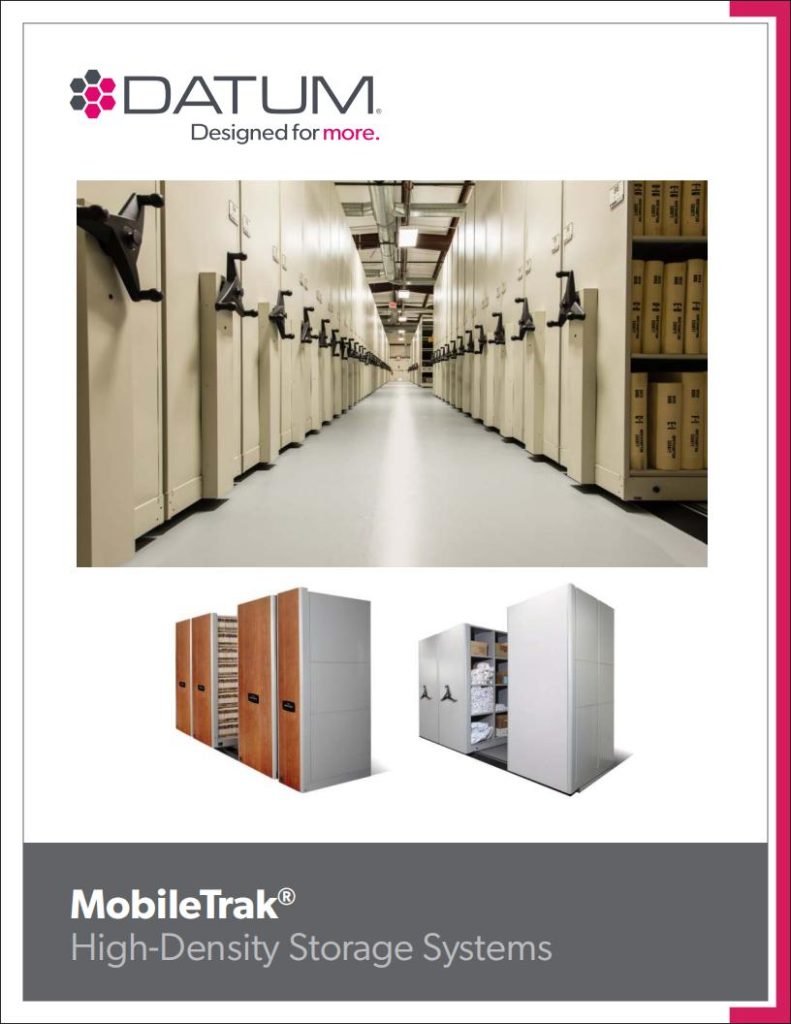 Promotional image for Datum MobileTrak high-density storage systems. It features a hallway with large mobile shelving units and two smaller images showcasing customizable, high-quality storage solutions. The text reads Designed for more and High-Density Storage Systems.