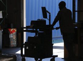 Silhouette of a person leaning on a cart with a monitor in a dimly lit space, showcasing Newcastle Systems portable power systems. Bright daylight and a blue industrial container are visible through an open door in the background, highlighting productivity solutions at work.