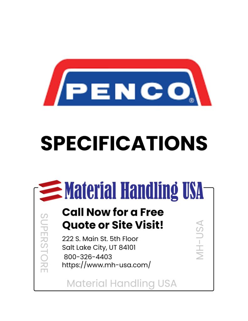 Image displaying the Penco logo above the words Locker Specifications. Below, youll find a logo and contact info for Material Handling USA, featuring an address in Salt Lake City, UT, along with phone number and website URL: mh-usa.com.