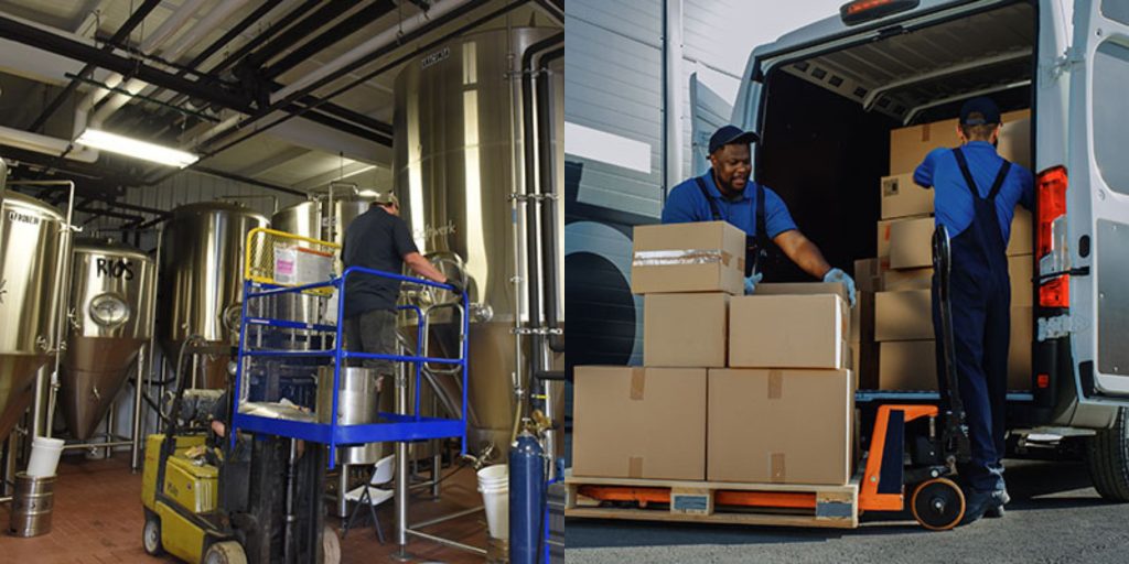 On the left, a worker on a lift operates near stainless steel tanks in a brewery. On the right, two workers load cardboard boxes into a van with the help of material handling equipment. Both wear blue uniforms and caps, showcasing efficient teamwork in action.