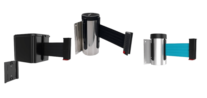 Discover Visiontron crowd control solutions: three retractable belt stanchions with wall-mounted bases—one black, one silver, and one compact silver. The durable crowd control barriers come with black and blue belts ready to extend outward for effective management.