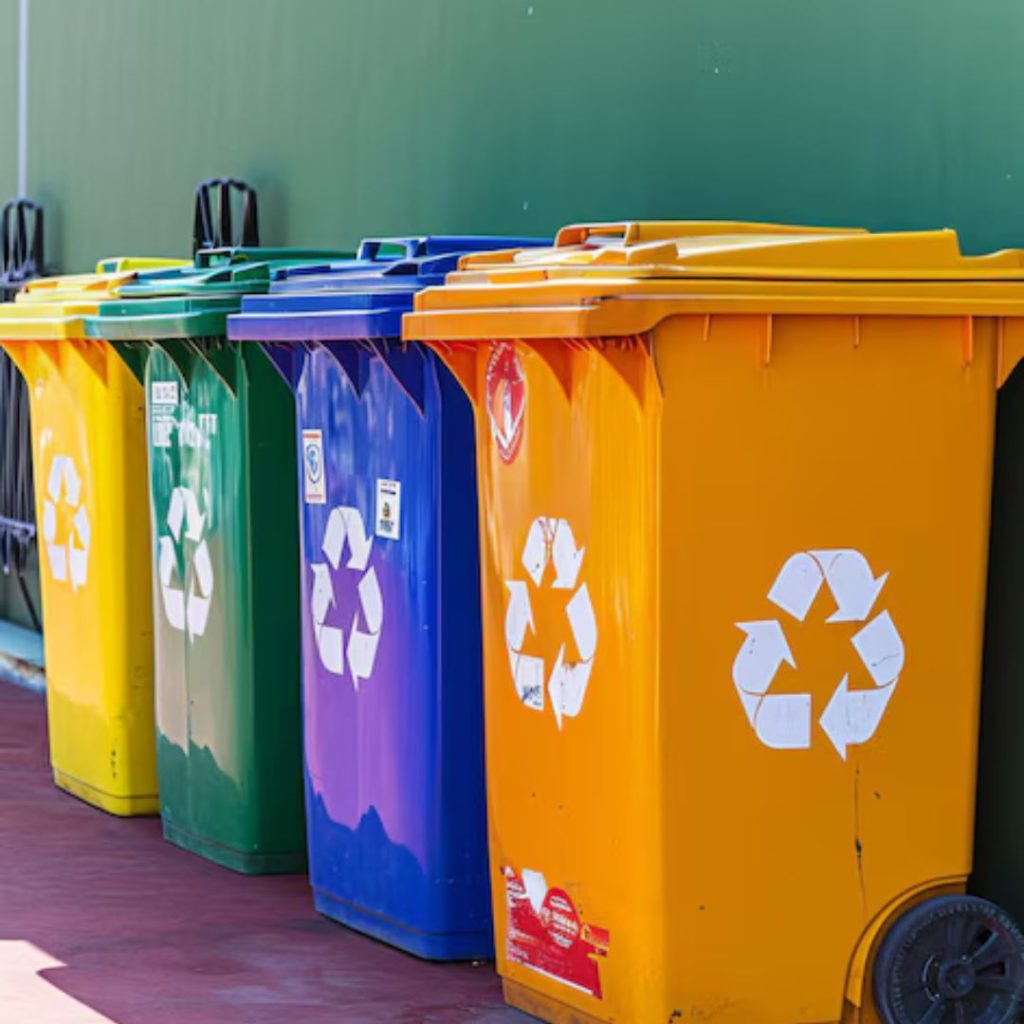 Against a green wall, five recycling bins in a row—green, yellow, blue, orange, and red—each flaunt white recycling symbols. These vibrant containers stand on a red floor like essential tools in the Department of Mining and Gass commitment to sustainability.