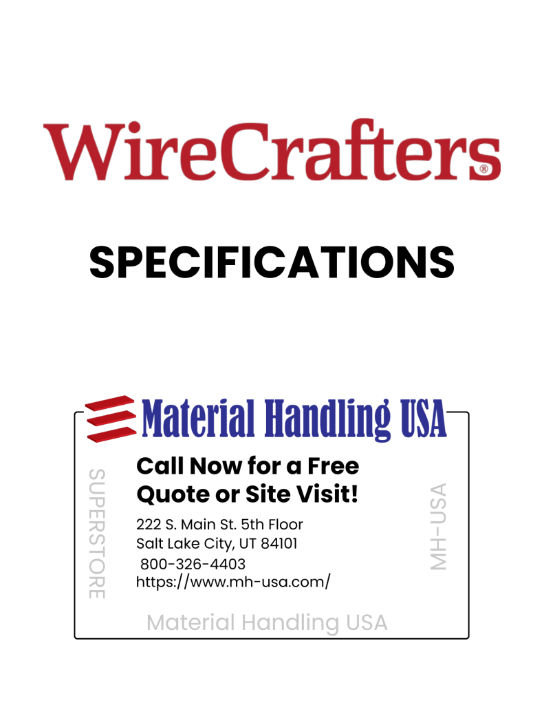 An image displaying WireCrafters SPECIFICATIONS highlights a business card for Material Handling USA, experts in secure storage solutions. Contact them at 800-326-4403 or visit their Salt Lake City site: https://mh-usa.com.