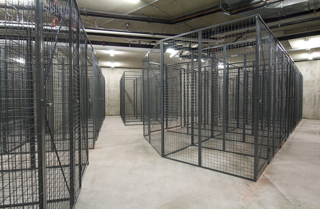A room with several empty wire mesh storage cages arranged in rows. The concrete floor complements the industrial look, while exposed pipes and lighting on the ceiling enhance the stark atmosphere, framed by plain walls.