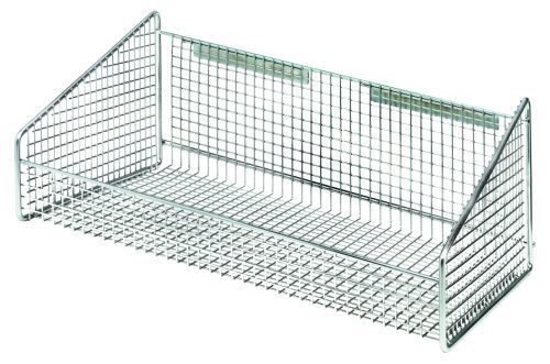 HBC 1017 The Partition Wall Hanging Basket (11-7/8W x 18D x 7-1/2H) is a chrome-plated, rectangular wire mesh shelf with metal sides, ideal for item organization. Its minimalist, industrial mesh design supports up to 125 lbs and includes two mounts for easy wall installation.