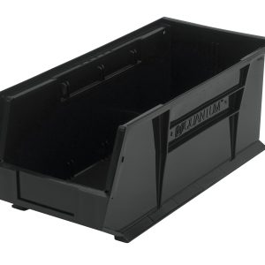 The Quantum Bin (8-1/4W x 18D x 7H) in black polypropylene features front, back, and side grips, an open front for easy access, reinforced edges, an anti-slide lock to secure items, a rear hanger, a molded-in label holder, and one divider slot. Made in the USA.