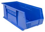 A large blue polypropylene Quantum Bin (8-1/4W x 18D x 7H) with open front and reinforced sides, featuring embossed branding, sits against a white background. It includes a divider slot, anti-slide lock, rear hanger, and molded-in label holder for stacking or hanging. Made in USA.