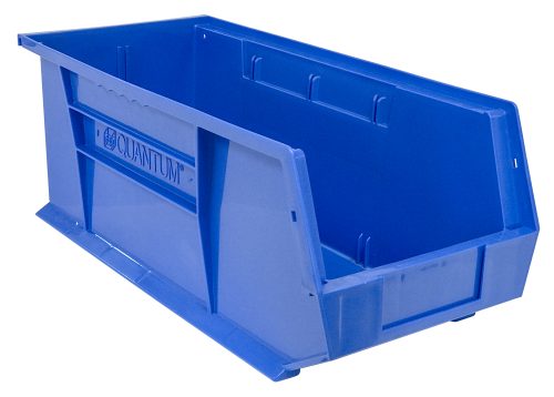 A large blue polypropylene Quantum Bin (8-1/4W x 18D x 7H) with open front and reinforced sides, featuring embossed branding, sits against a white background. It includes a divider slot, anti-slide lock, rear hanger, and molded-in label holder for stacking or hanging. Made in USA.