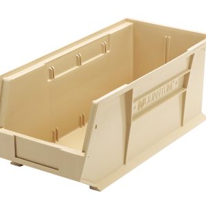 An ivory polypropylene Quantum Bin, 8-1/4W x 18D x 7H, features reinforced front/back/side grips with anti-slide lock, open top design, molded-in label holder, and one divider slot for organization. Made in the USA with a rear hanger for stacking or hanging.