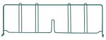 A green epoxy Quantum Wire Shelf Divider, 21D x 8H, features a simple design with evenly spaced vertical bars, small hooks on top, and a center cut-out section.