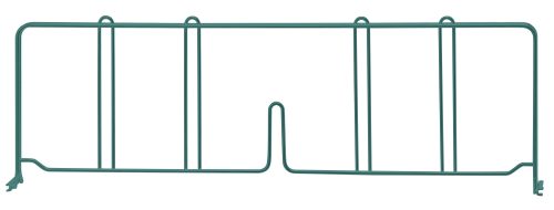 A green epoxy Quantum Wire Shelf Divider, 21D x 8H, features a simple design with evenly spaced vertical bars, small hooks on top, and a center cut-out section.