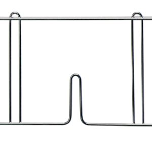 The Quantum Wire Shelf Divider, made from 304 stainless steel, has a rectangular frame with four vertical supports and a U-shaped curve at the bottom. It measures 21D x 8H and features two small clips at the lower corners for added functionality.