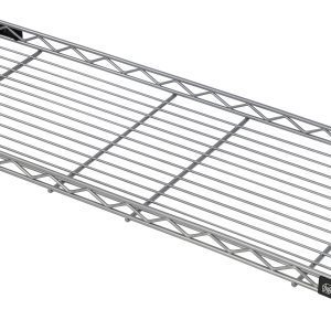 The Quantum Wire Shelf features a sleek cantilevered design with a grid pattern and reinforced edges. Measuring 24W x 12D, it has circular corner fixtures for easy mounting or stacking. The shelf comes in a gray epoxy antimicrobial finish and bears the manufacturers label, exuding industrial elegance.