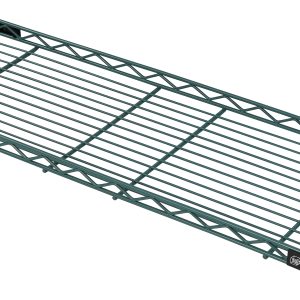 The Quantum Wire Shelf features a green epoxy antimicrobial finish, NSF-certified, in a 24W x 12D rectangular shape with supportive cross beams and cylindrical posts at opposite corners. Its design includes a small black label and sits against a white background.