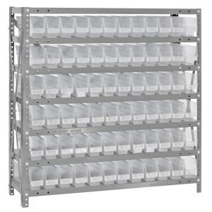 The Quantum Shelving Unit, measuring 12D x 36L x 39H with a galvanized steel finish, includes seven shelves and 72 QSB100 clear black bins (11-5/8L x 2-3/4W x 4H each), perfect for organizing small items. Each heavy-duty shelf supports up to 400 lbs.