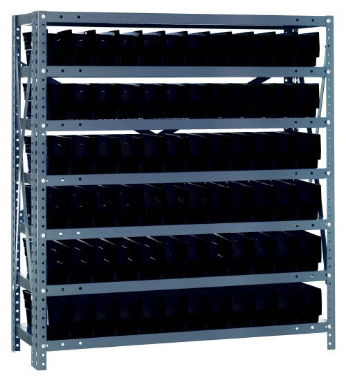 1239-100_BK.jpg The Quantum Shelving Unit features seven 12D x 36L shelves with a 400 lb. load capacity each and comes with stable angled supports, galvanized steel finish, and includes 72 black bins (11-5/8L x 2-3/4W x 4H) for organized storage in any space.
