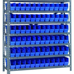The Quantum Shelving Unit, measuring 12D x 36L x 39H with a galvanized steel finish, includes seven shelves and holds up to 400 lbs per shelf. It features 72 Qsb100 blue bins (11-5/8L x 2-3/4W x 4H) and is designed for efficient small item storage with easy access.