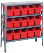 The Quantum Shelving Unit, measuring 12D x 36L x 39H, features a durable galvanized steel frame with four shelves, each supporting up to 400 lbs. It includes 15 red plastic bins (11-5/8L x 6-5/8W x 8H) and is reinforced by perforated support beams for extra strength.