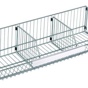 The Quantum Modular Wire Stacking Basket, measuring 36W x 14D x 9H and featuring a chrome plated finish, includes three compartments, a front label holder, and can be mounted. NSF certified, it supports up to 110 lbs., ideal for secure organization.