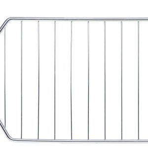 The Quantum Wire Basket Divider has a chrome-plated finish and a unique pentagonal shape, resembling vertical bars within dimensions of 14D x 9H. Its angular edges create a sleek contrast against the pristine white background.