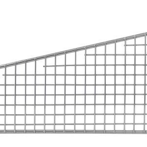 The Quantum Partition Wall Divider features an angled sloping top with a grid pattern. It is primarily silver, measuring 16W x 6H and has one-sided hinges for easy installation, completed with a chrome-plated finish.