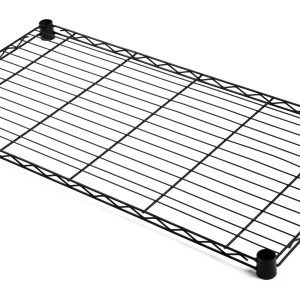 The Quantum Wire Shelf is NSF-certified with a 24W x 14D rectangular design, supporting a 600 - 800 lb. capacity. It features black epoxy antimicrobial finish and four cylindrical corner legs for sturdy storage, offering optimal airflow and visibility through its uniform grid pattern.