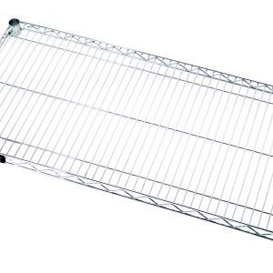 The Quantum Wire Shelf is a 24W x 14D chrome-plated shelf with NSF certification, corner brackets for secure attachment, and supports 600-800 lbs.