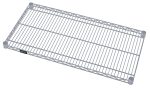 The Quantum Wire Shelf, 24W x 14D, features a grid pattern with small corner caps and a gray epoxy antimicrobial finish. With an NSF certification and a load capacity of 600 - 800 lb., it is ideal for versatile storage solutions. A label is attached on one side.